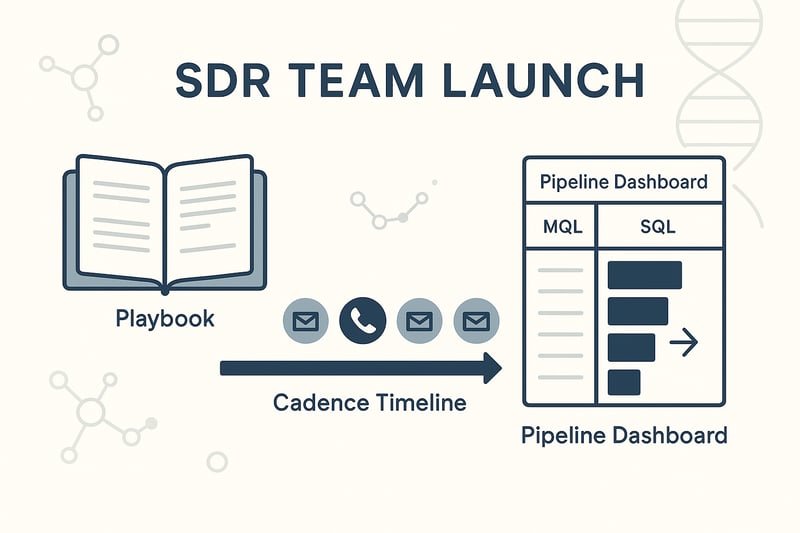 Clean modern 32 illustration of an SDR team launch in an eClinical vendor playbook pages cadence timeline callemail icons and a pipeline dashboard showing MQLSQL handoffs Subtle biotech motifs DNA strand molecules with professional minimal color pale