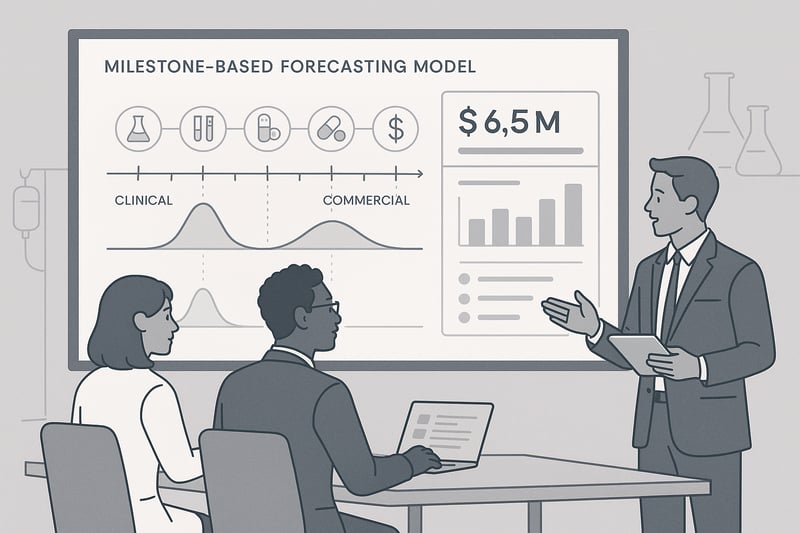 CRO revenue team reviewing a milestone-based forecasting dashboard with clinical and commercial checkpoints.