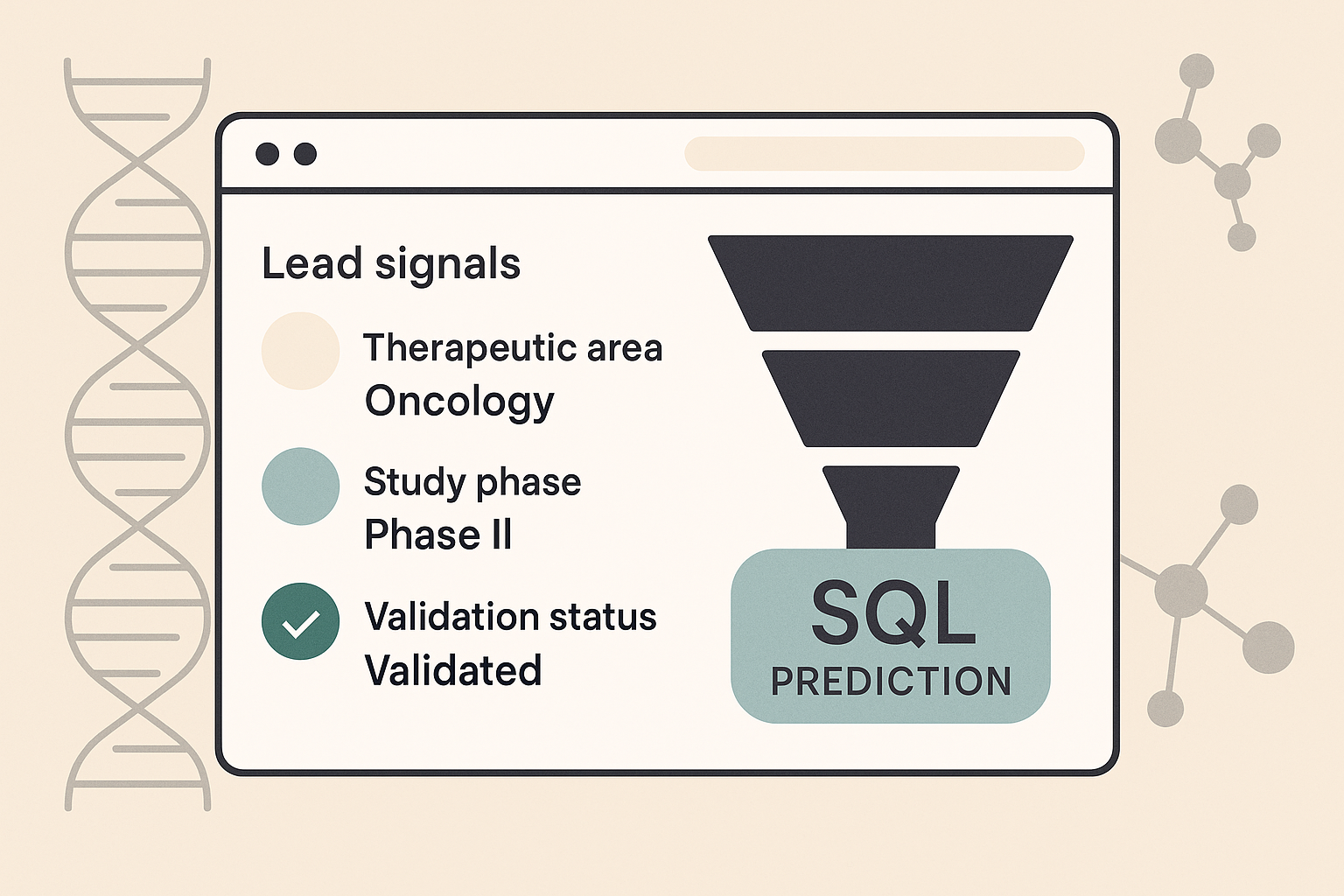 Illustration of a life sciences RevOps dashboard showing lead signals like therapeutic area, study phase, and validation status feeding a funnel that highlights SQL prediction.